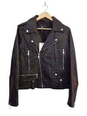 NWT 7 For All Mankind Asymmetrical Black Leather Moto Biker Jacket Edgy/Rocker L